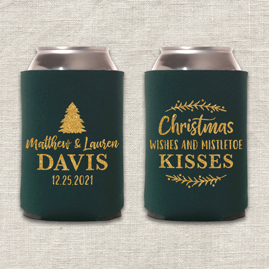 Christmas Wishes and Mistletoe Kisses Wedding Koozie