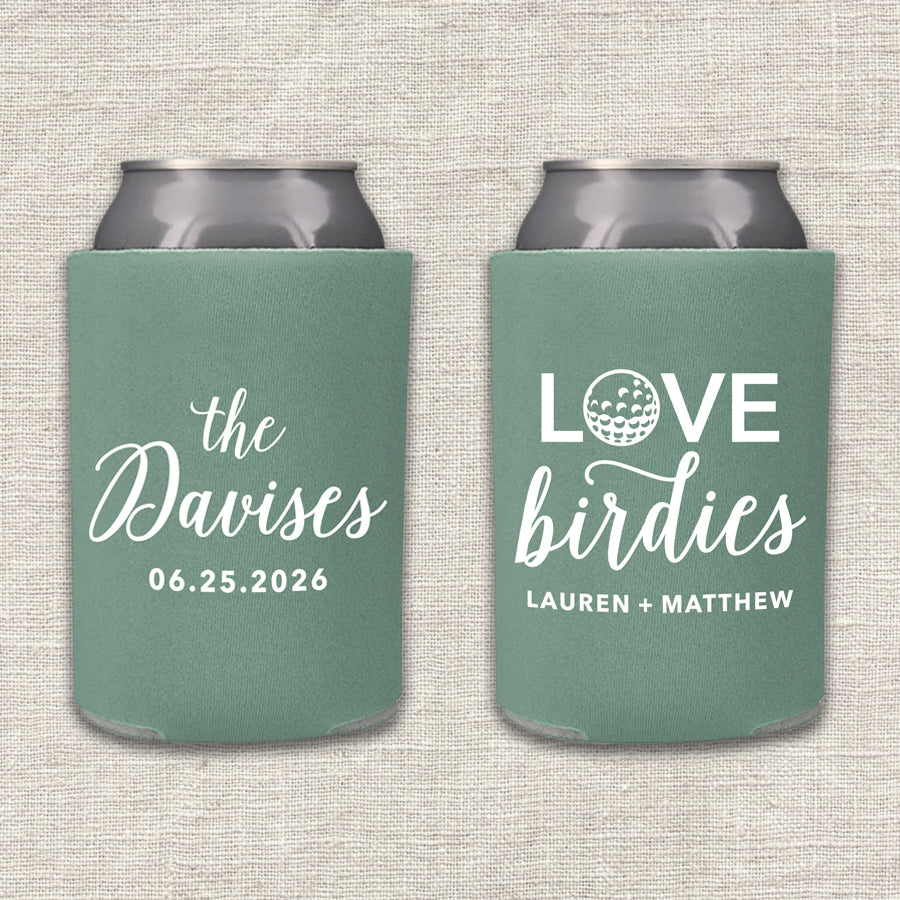 Two willow green can coolers with personalized text that says "Love Birdies" on a textured beige background