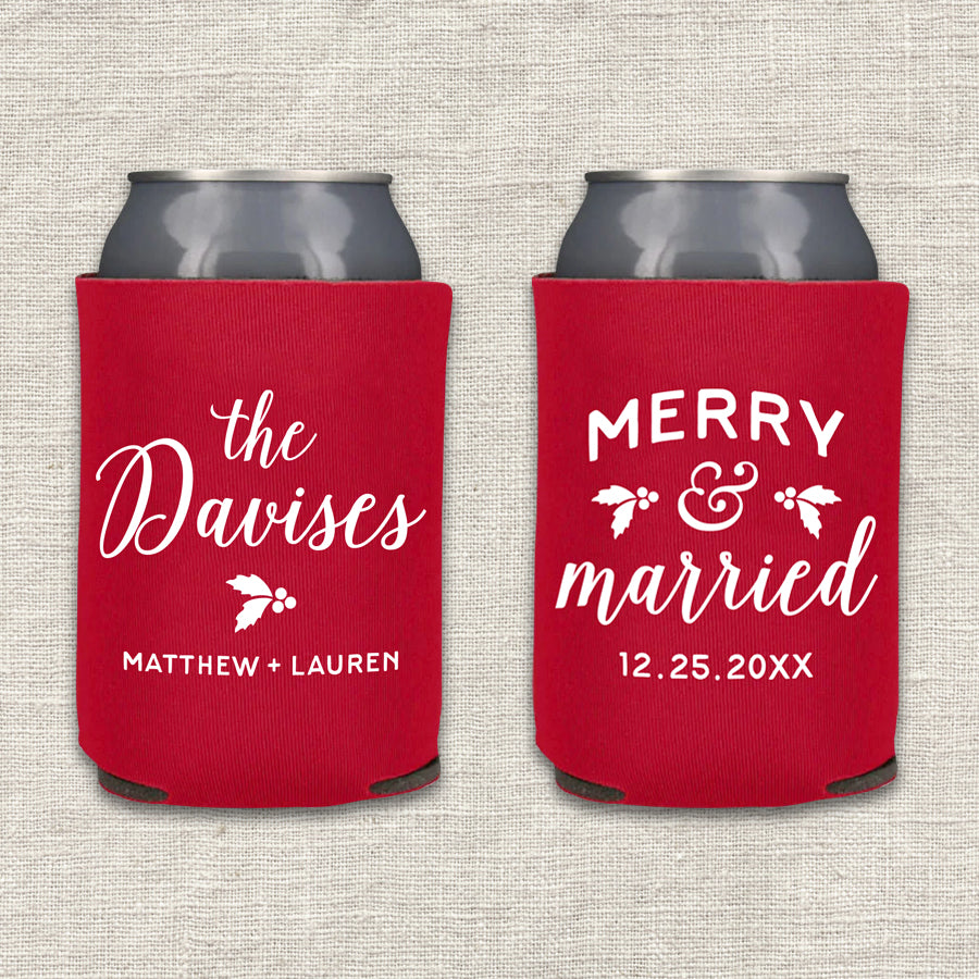 Merry and Married Christmas Wedding Koozie