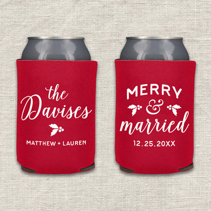 Merry and Married Christmas Wedding Koozie