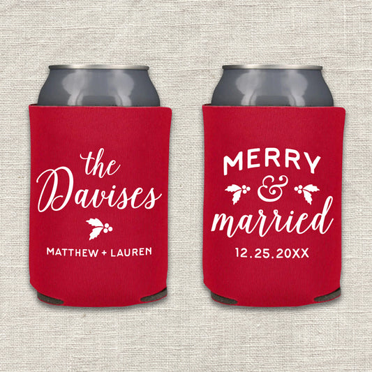 Merry and Married Christmas Wedding Koozie