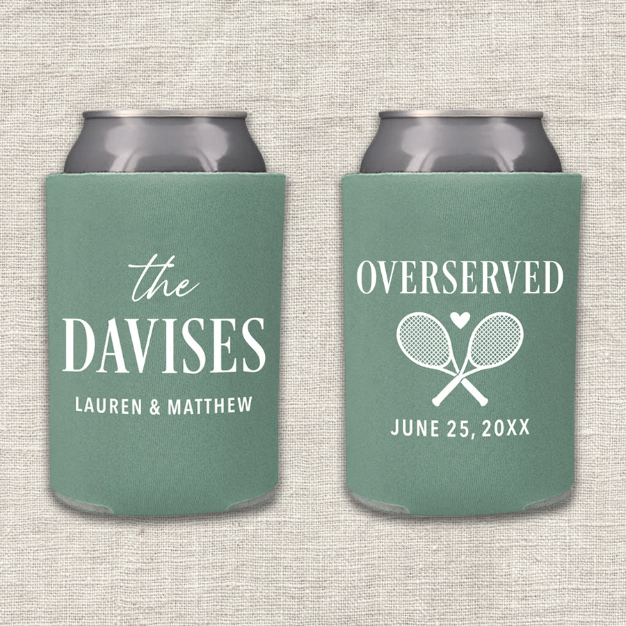 Two "Overserved" willow green tennis can coolers with personalized text on a textured beige background