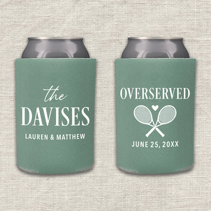 Two "Overserved" willow green tennis can coolers with personalized text on a textured beige background
