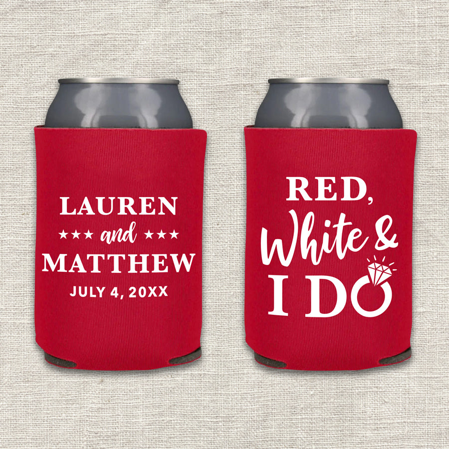 Two red can coolers with personalized text that says "Red, White & I Do" on a textured gray background