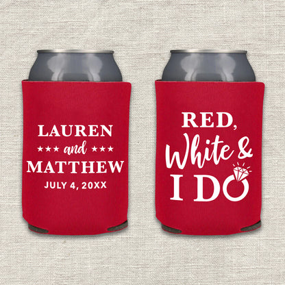 Two red can coolers with personalized text that says "Red, White & I Do" on a textured gray background
