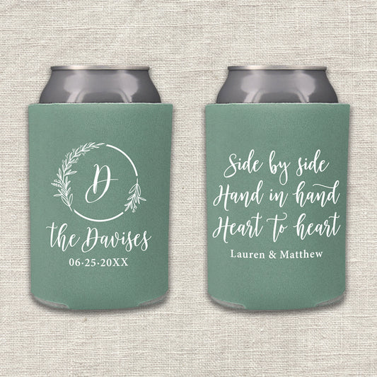 Side by Side, Hand in Hand, Heart to Heart Wedding Koozie