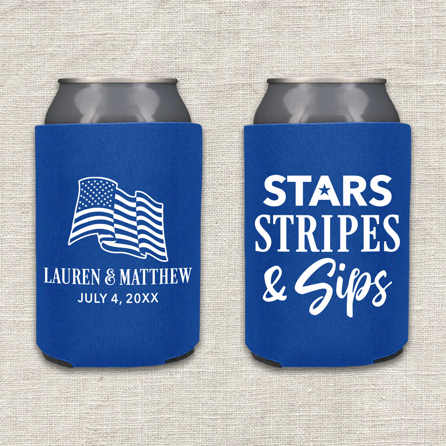 Two royal blue can coolers with an American flag design and text that says "Stars, Stripes & Sips" on a textured gray background