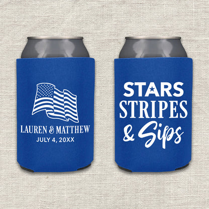Two royal blue can coolers with an American flag design and text that says "Stars, Stripes & Sips" on a textured gray background