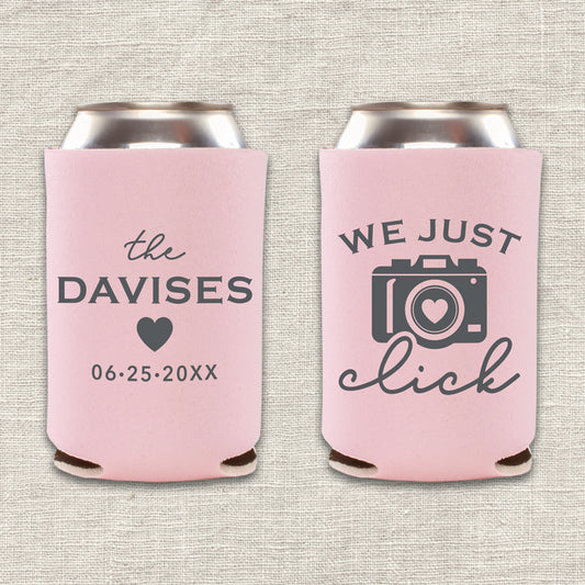 We Just Click Camera Wedding Koozies