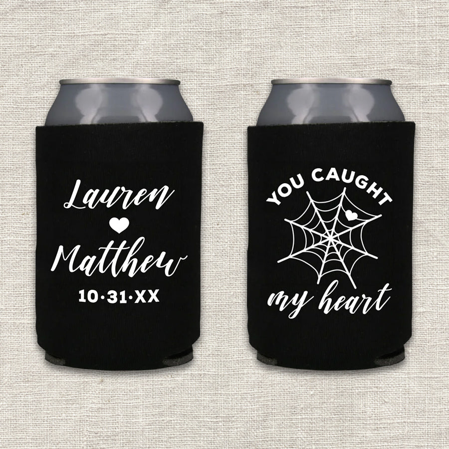 You Caught My Heart Spider Halloween Wedding Koozie