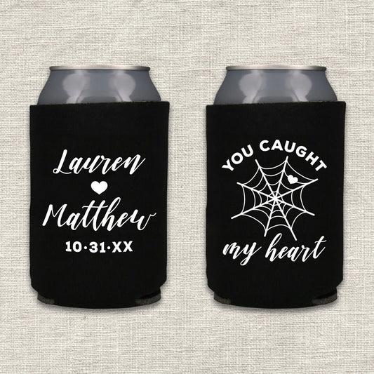 You Caught My Heart Spider Halloween Wedding Koozie