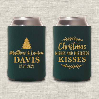 Christmas Wishes and Mistletoe Kisses Wedding Koozie