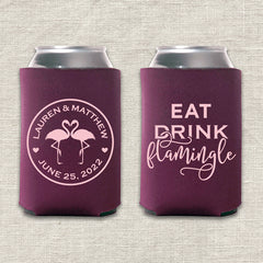 Eat, Drink, Flamingle Flamingo Wedding Koozie