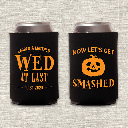 Wed at Last Now Let's Get Smashed Halloween Wedding Koozie