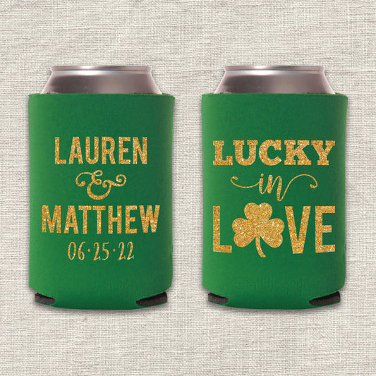 Lucky in Love Irish Shamrock Wedding Koozie