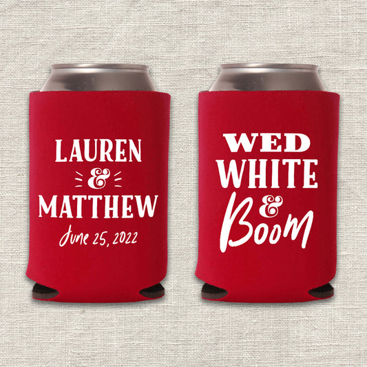 Wed, White & Boom 4th of July Wedding Koozie
